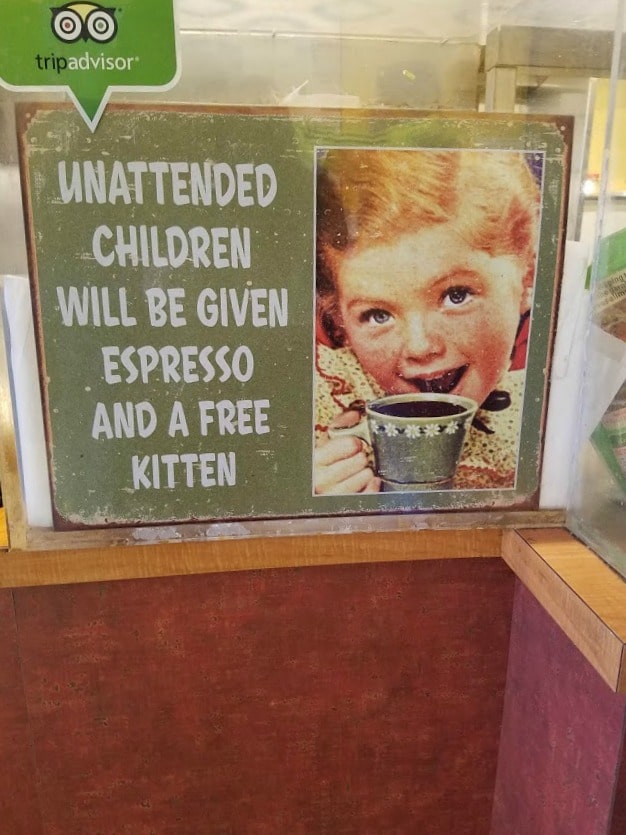 Unattended Children will be given expresso and a free kitten - #sign #coffeehouse at Trailhead Cafe, Lake Louise #Canada