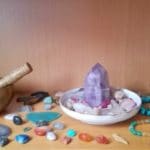 I created a meditation altar with crystals using a shelf on my bookcase because I don't have room in my apartment #meditation #crystals #singingbowl