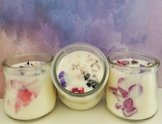 Etsy - Healing Candles with Crystals + Flowers by Carol Cassara of The Healing Spirit. #candles #soycandles #gemstones #healing
