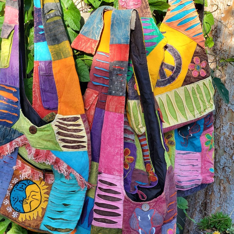 Colorful BOHO-style shoulder bags made in Nepal. 