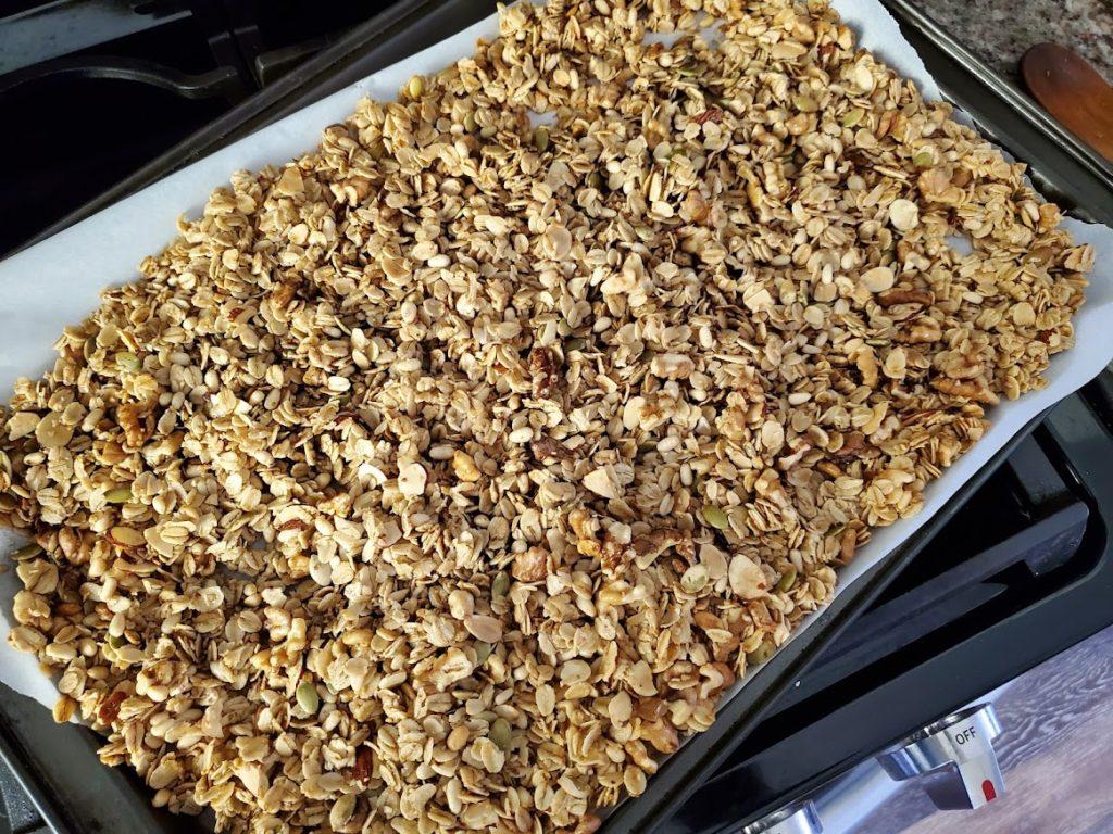 Homemade granola out of the oven