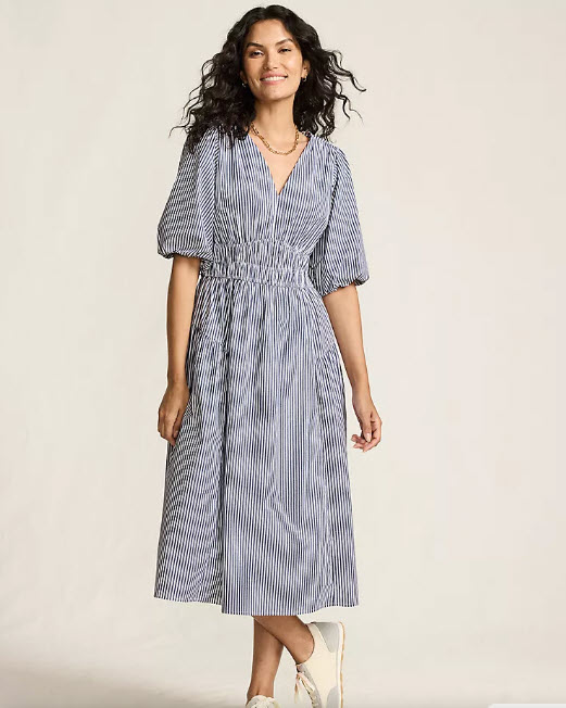 Lands End vertical stripe puffed sleeve v neck dress.