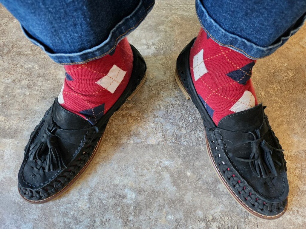 Uplevel your loafer look by wearing a pair of argyle socks - Sperry Suede Loafers with Etsy argyle Socks.
