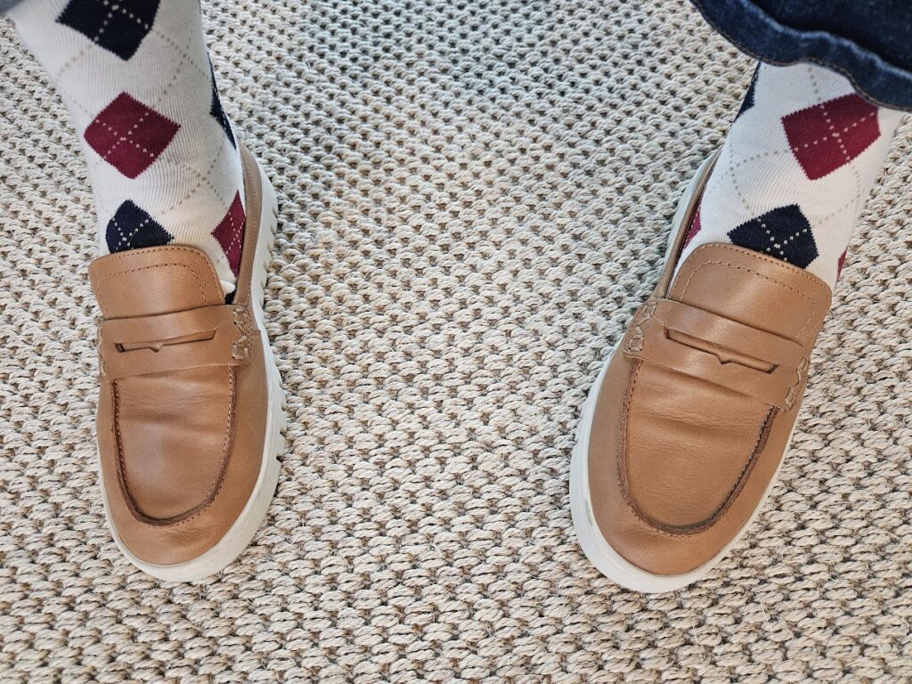 Uplevel your loafer look by wearing a pair of argyle socks - Vionic Uptown Loafers with Etsy argyle Socks.