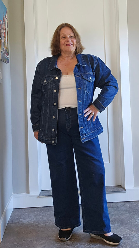 Sidefeel high waisted wide jeans, denim jacket and tank top.