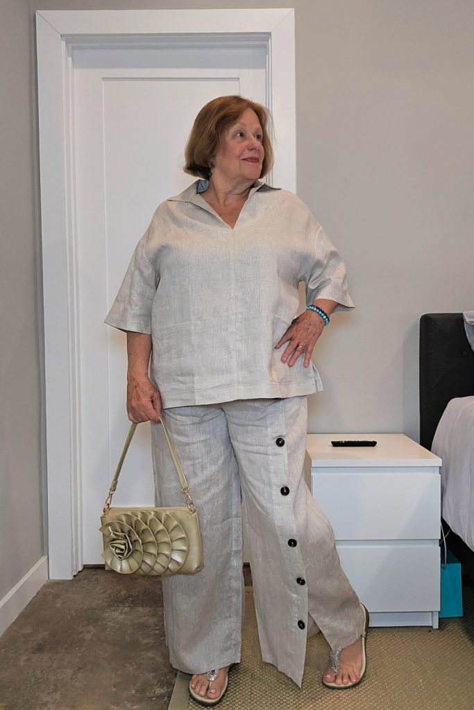 Lintico 100% Linen Buttoned Slit Hem Pants (KATYA) in Stone Oat.