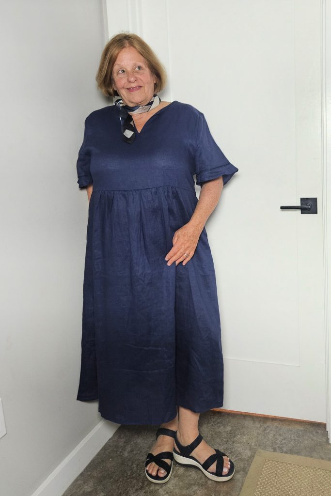 Embroidered Cuff Split Neck Maxi Dress - OCTAVIA in Navy