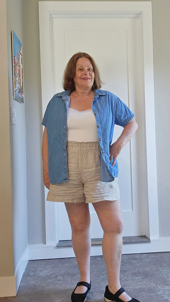 Quince 100% Linen shorts, tank top and denim shirt.