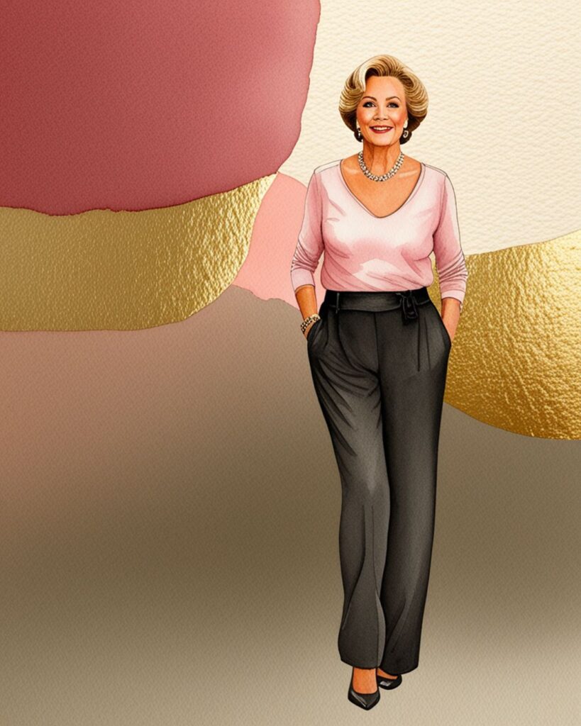 Charcoal Grey pants and a light pink top