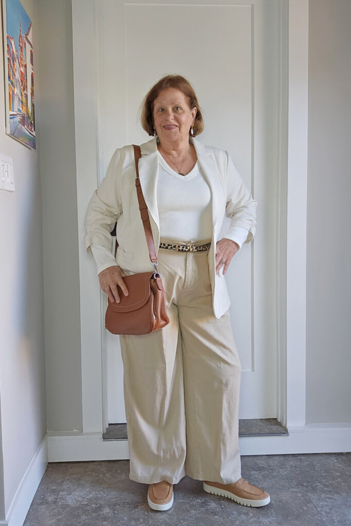 Off White blazer with tan linen pants.