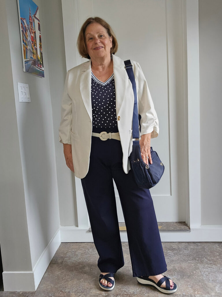 Mintegra crossbody handbag with navy and white outfit