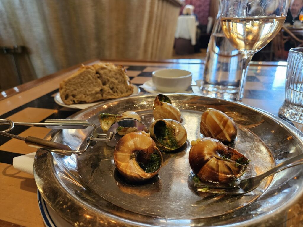 Escargot at Café Laperouse on Place de la Concorde in Paris.