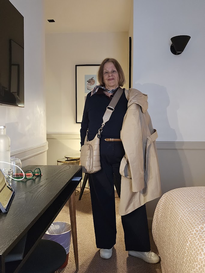 Navy cashmere sweater, navy pants, trench coat, burgundy blouse
