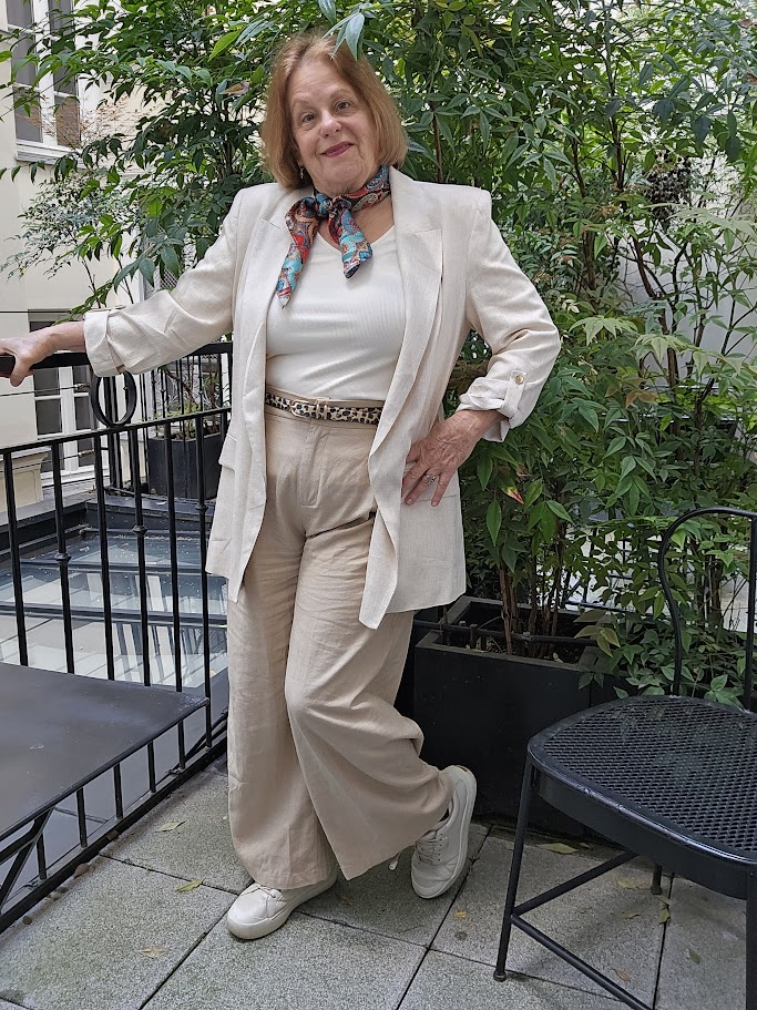 Tan and off white linen outfit