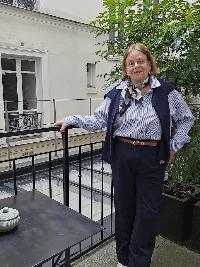 Navy pants, navy and white pinstripe blouse, navy cashmere sweater