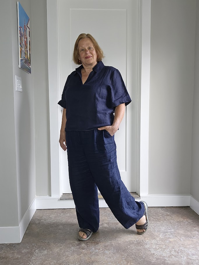 Quince Linen Tailored wide legged pants and pullover top.